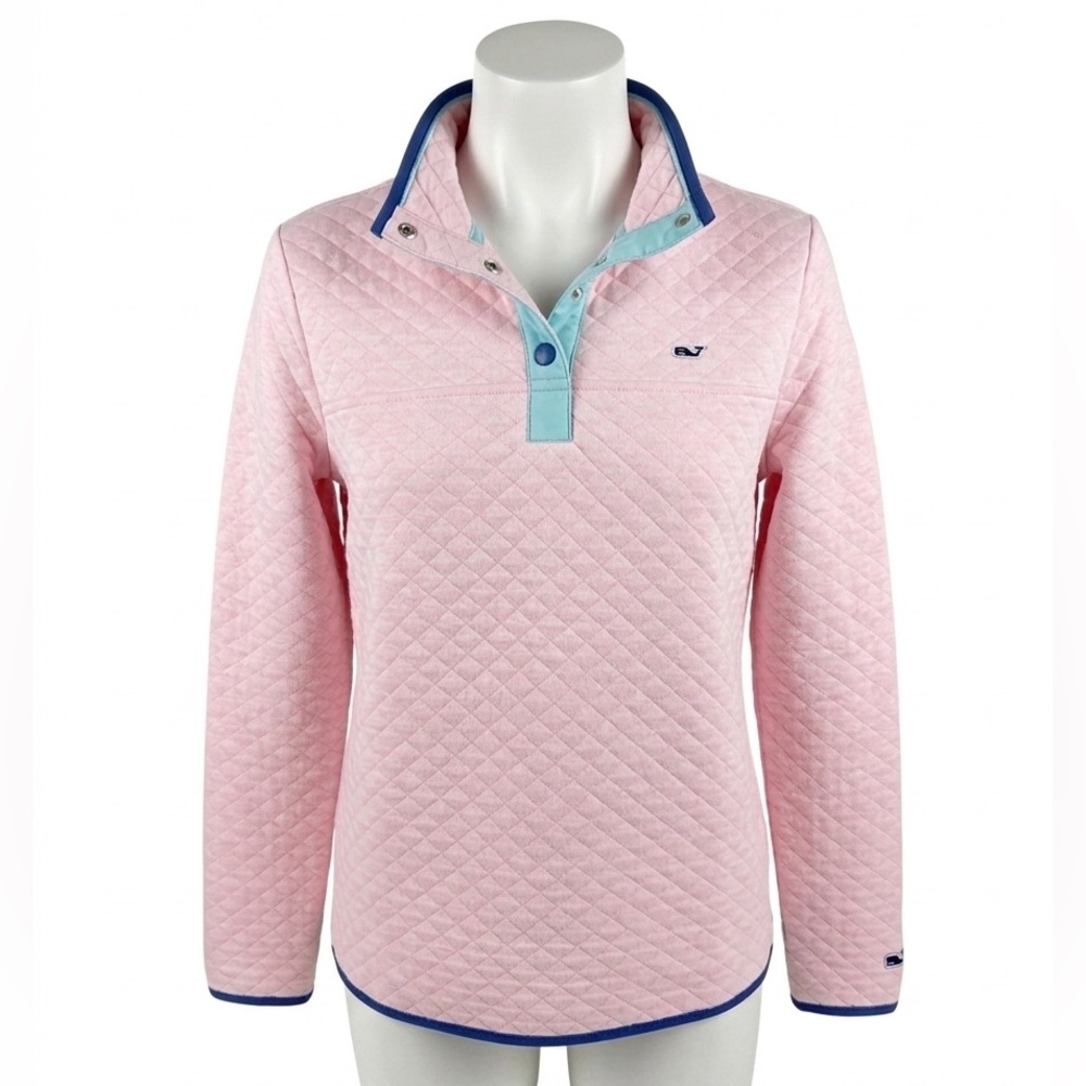 Vineyard Vines Pink Quilted Pullover with Blue Trim Preppy Vacation Size XS